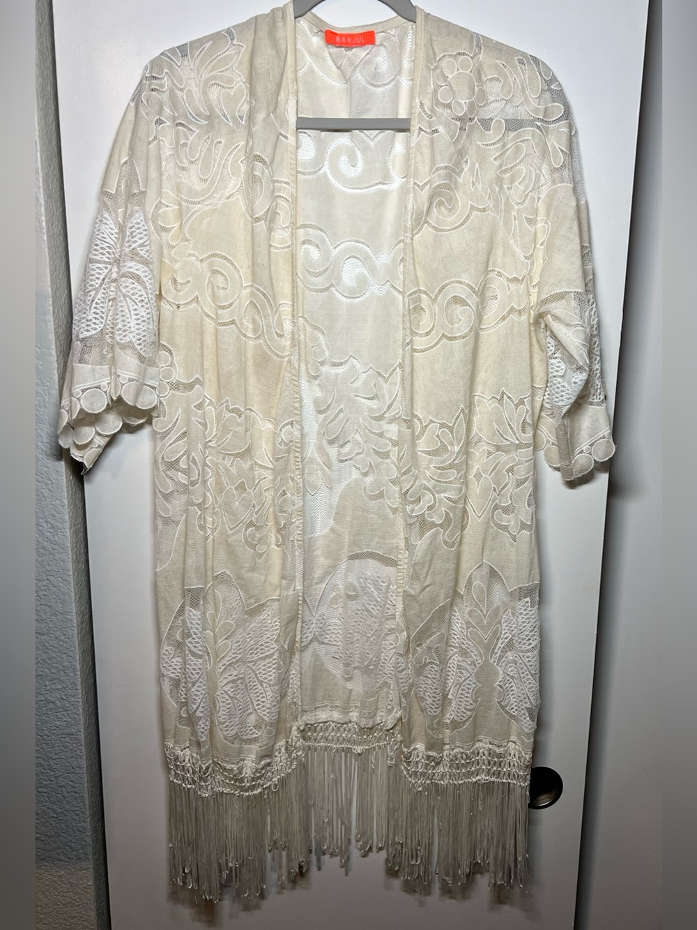 Cream Sheer Lace Fringe Kimono